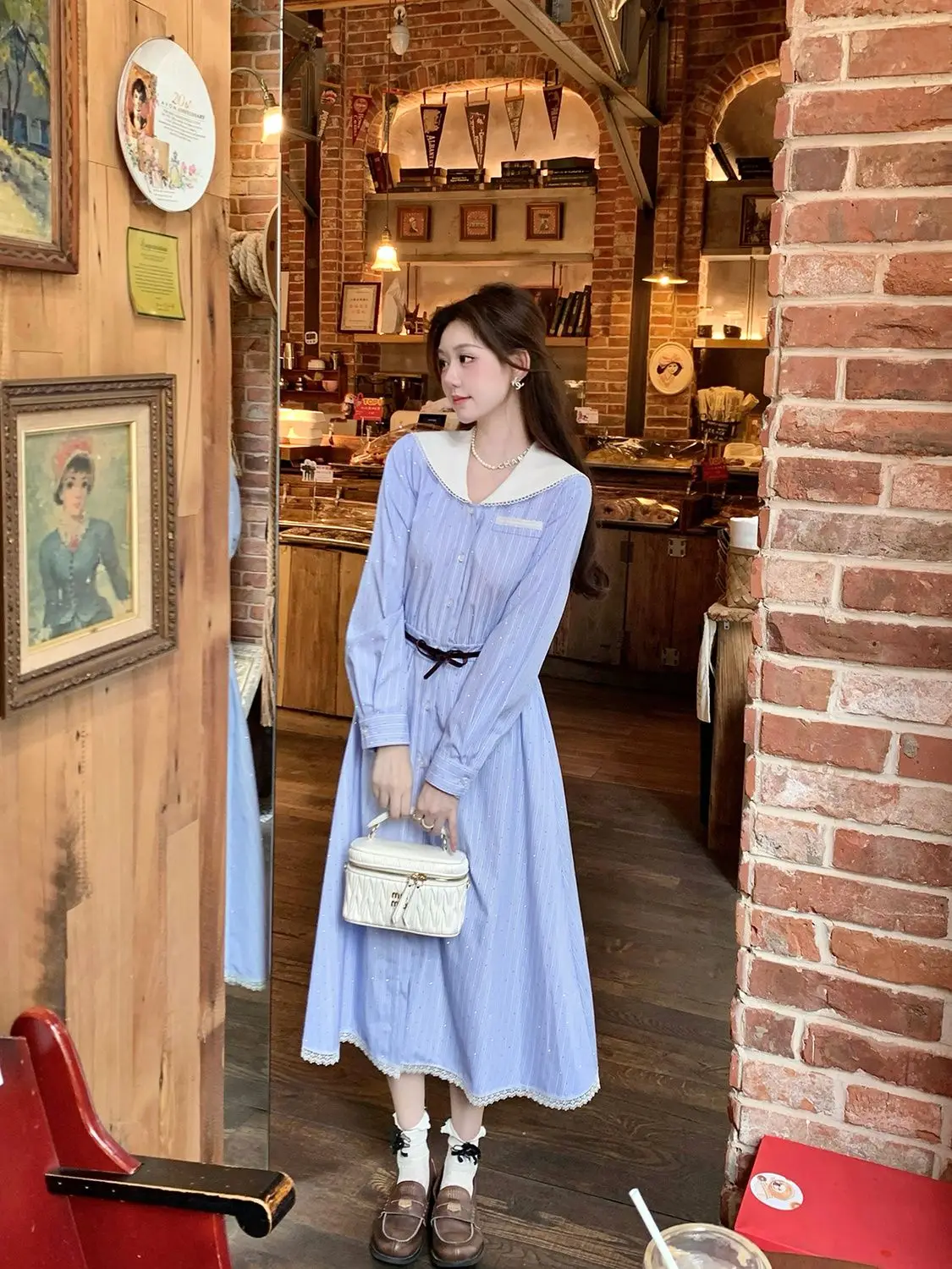 

Dress College Style Fresh Temperament Blue And White Long-Sleeved Autumn New French Style Gentle Waist Slimming Shirt Long Skirt