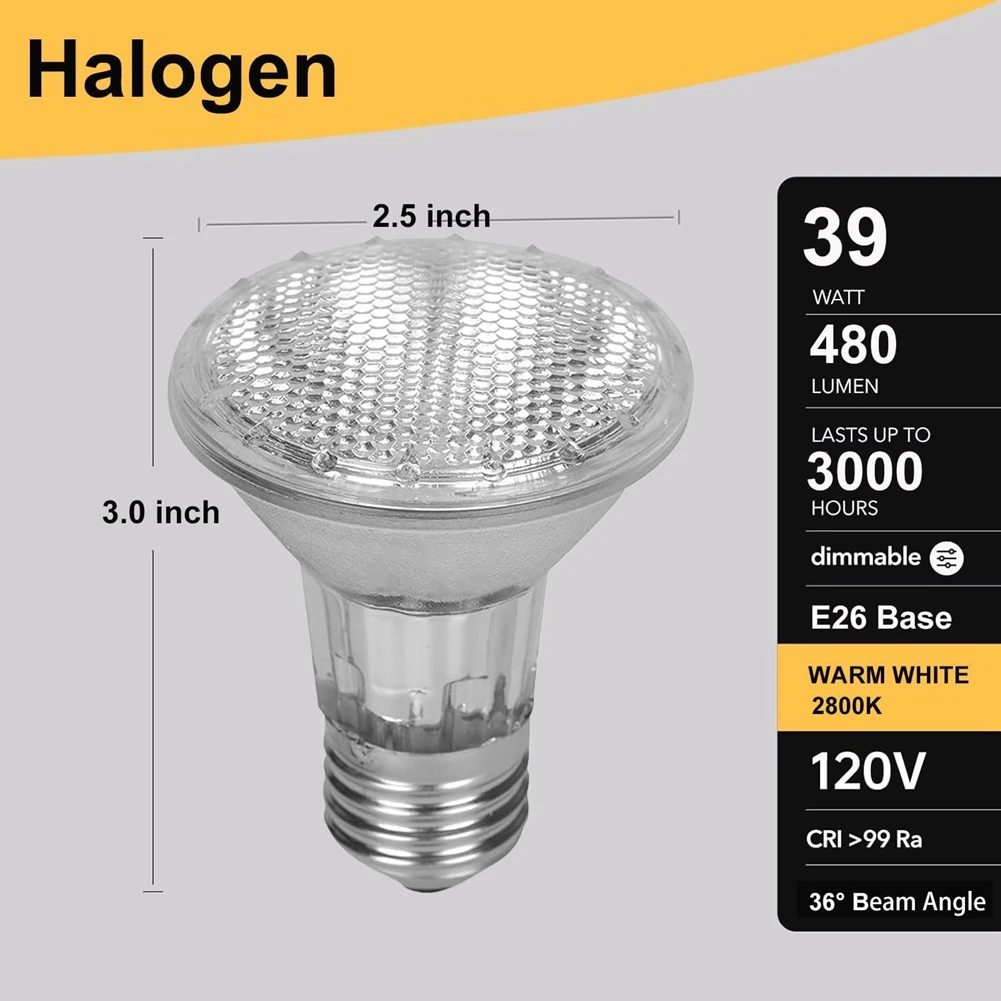 GTBL PAR20 Flood 39W 120V 480 lúmenes - Paquete de 2 bombillas de inundación PAR20 2800K blanco cálido, PAR 20 regulable con base E26 2 piezas