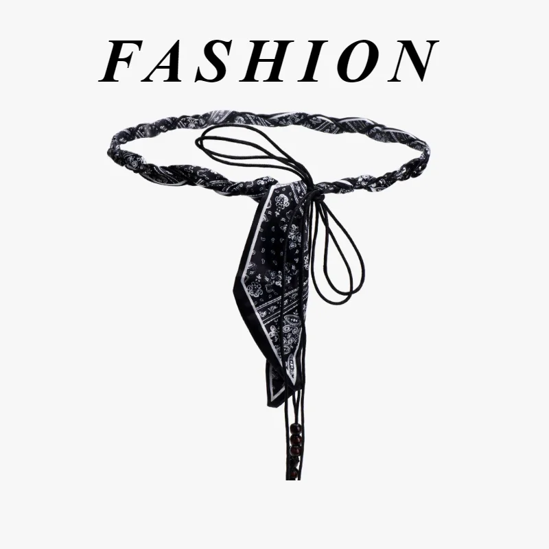 Fashionable Bohemian-Style Cashew Flower Scarf-Woven Versatile Belt Retro Wooden Bead Fringe Tie-Strap Women’s Waist Chain