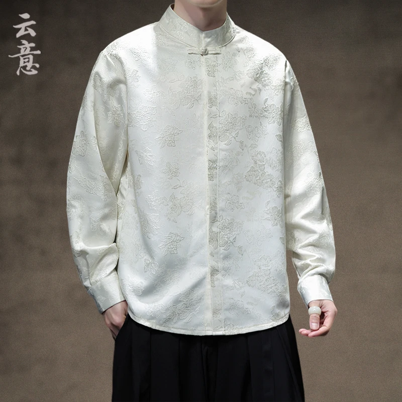 

New Chinese Sle Long Sve irt Men's Faion Embroidery Stand Collar Tang Suit Retro Sle Big Size Zhongan Coat Trendy