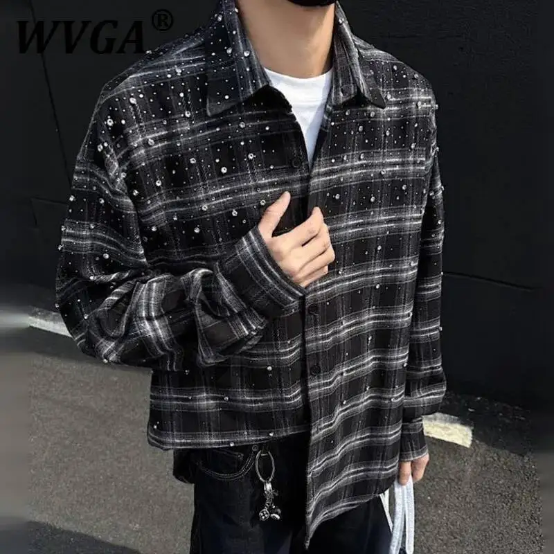WVGA Spring Autumn New Man Tide Gypsophila Heavy Hot Diamond Trendy Long Sleeve Shirts Niche Chic Casual Plaid Shirt Ins W10345