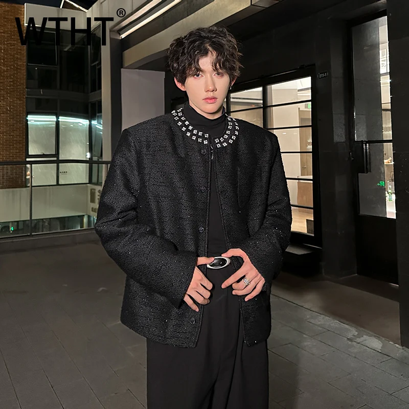 WTHT Fashion Men's Heavy Industy Spliced Diamond Design Coats Trendy Round Collar Long Sleeves Jackets Male 2025 Autumn 2A2207