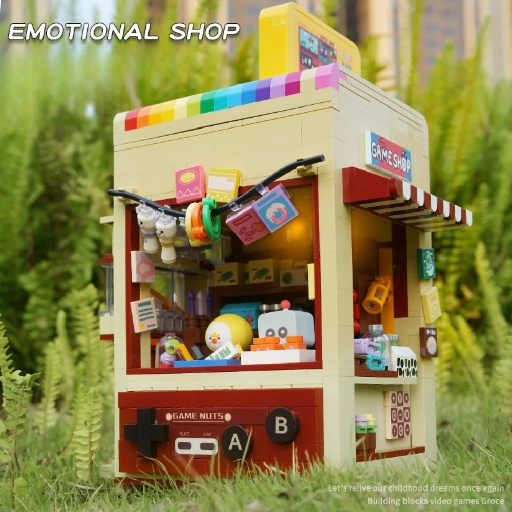MOC-Juego de bloques de construcción de casa con vista a la calle, juegos de vídeo de arquitectura, tienda de comestibles con juguetes ligeros para regalos de cumpleaños
