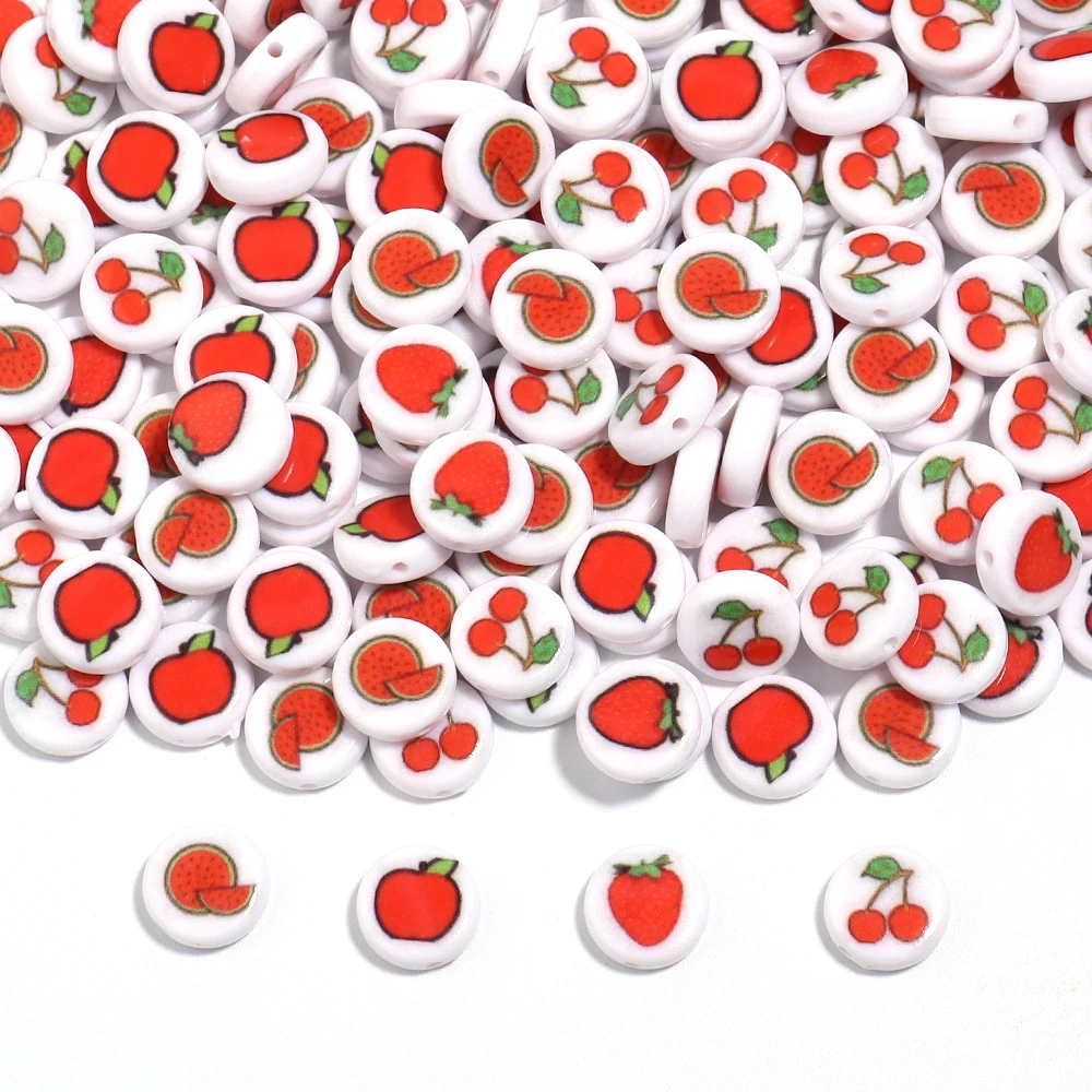 50 Stück flache runde Acrylperlen, rote Früchte, Serie Apfel, Kirsche, Erdbeere, lose Perlen für Armband, Halskette, Schmuckherstellung