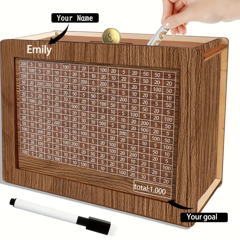 Wooden Piggy Bank Reusable Handmade Money Box, Piggy Bank with Saving Goal and Numbers To Check for Helps The Habit of Saving