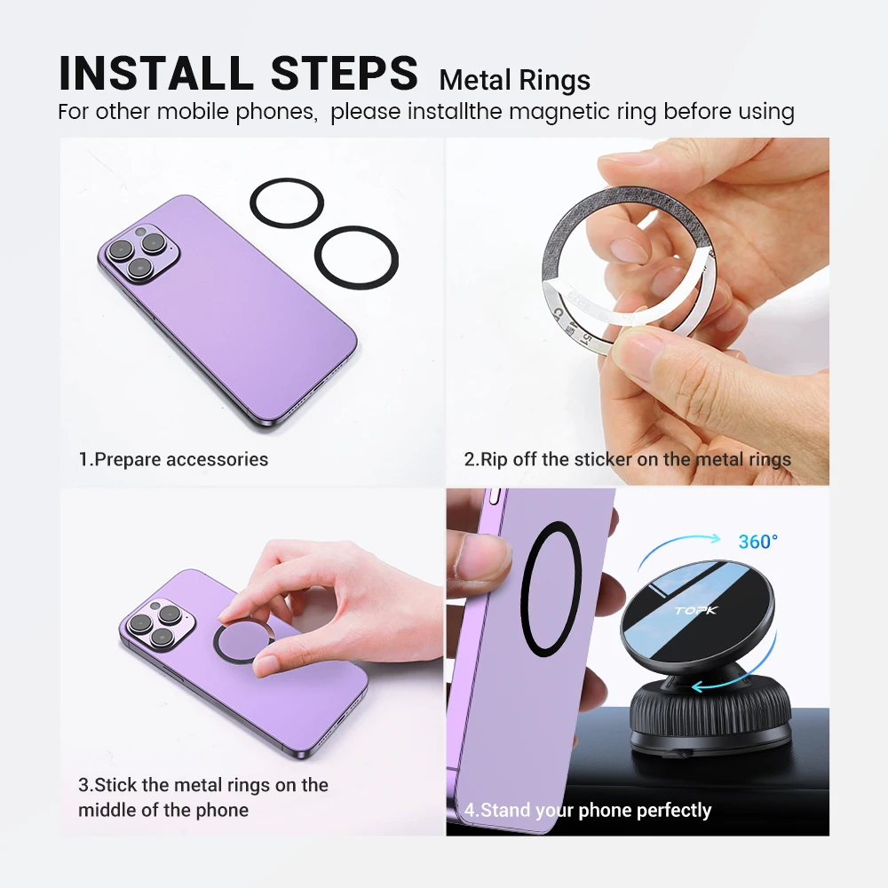 TOPK 360 °   Suporte magnético giratório para telefone para carro - Suporte com ventosa multiângulo ajustável, ultra estável, adesivo - grátis