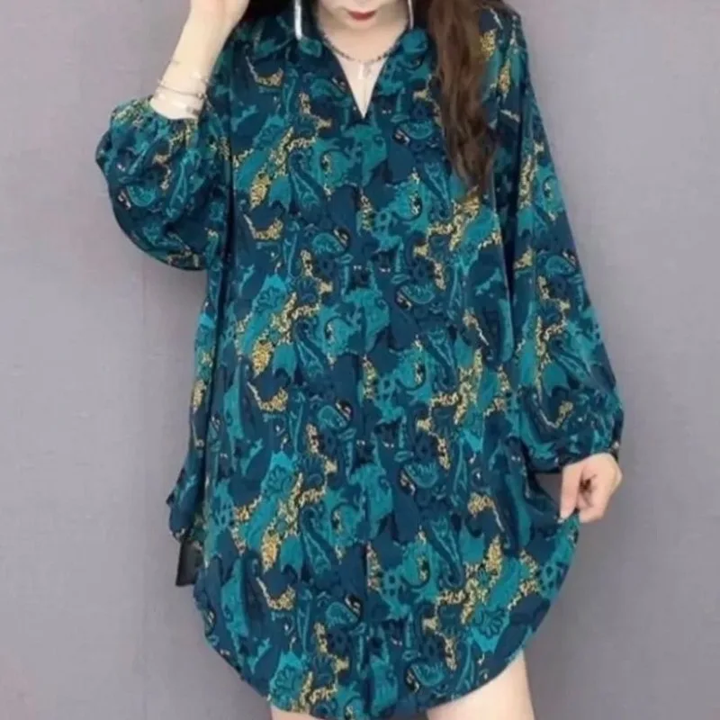 Camisa de gola polo feminina, manga comprida, estampada leopardo, tops de botões, cardigã de manga solta, plus size, elegante, primavera e outono