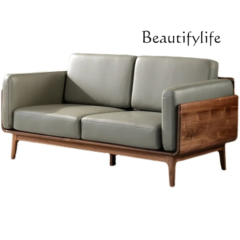 North America Black Walnut Solid-Wood Leather Sofa First Layer Cowhide Nordic Italian Modern Minimalist