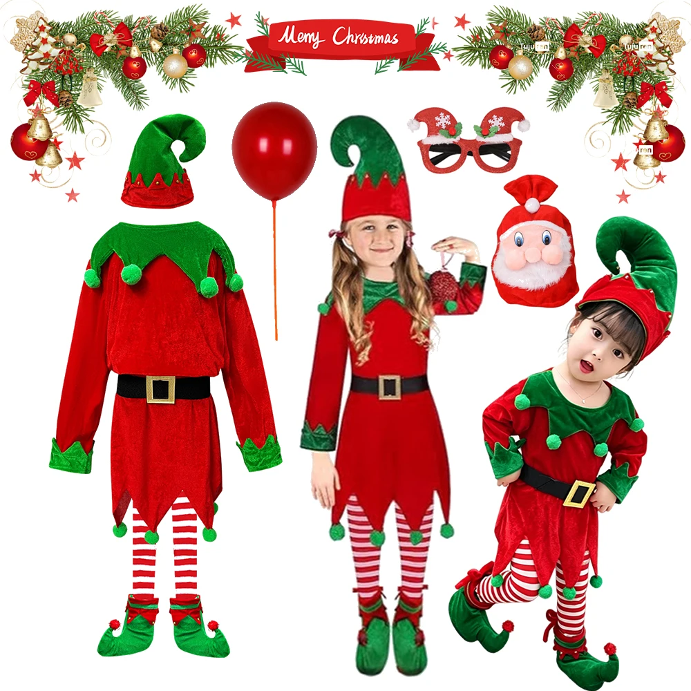 Kids Red Green Elf Costume Pom Pom Outfit Christmas Santa Helper Cosplay For Carnival Holiday Party