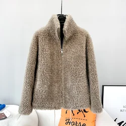 2023 Fall and Winter New Lamb Wool Warm Jacket Top Female Sheep Shearing Zipper Short Young Women Stand-up Collar Coat JT3505