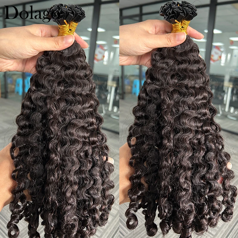 Extensiones de cabello humano con puntas K para mujer, cabello rizado birmano, mechones, negro natural, puntas planas, cabello vietnamita a granel 4