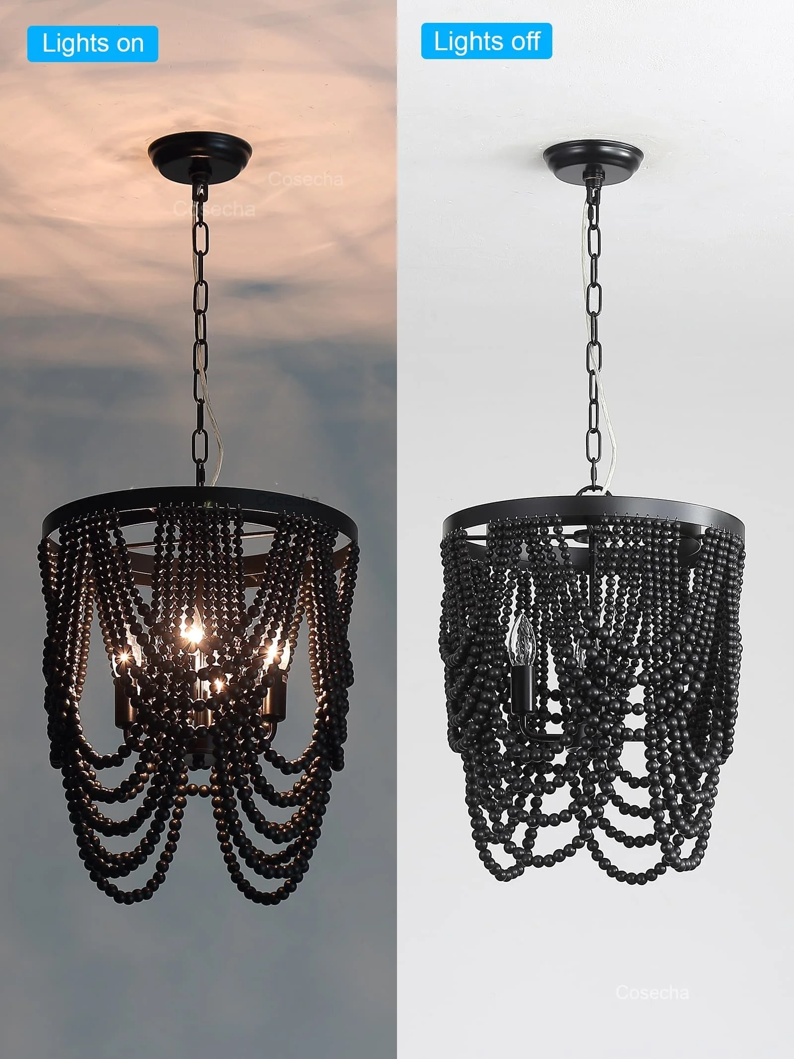 Gold Chandelier Wooden Beaded Lighting Fixture Fringe Hanging Light Kitchen Baby Kids Room Foyer Bedroom Dining Room Wood Lamp