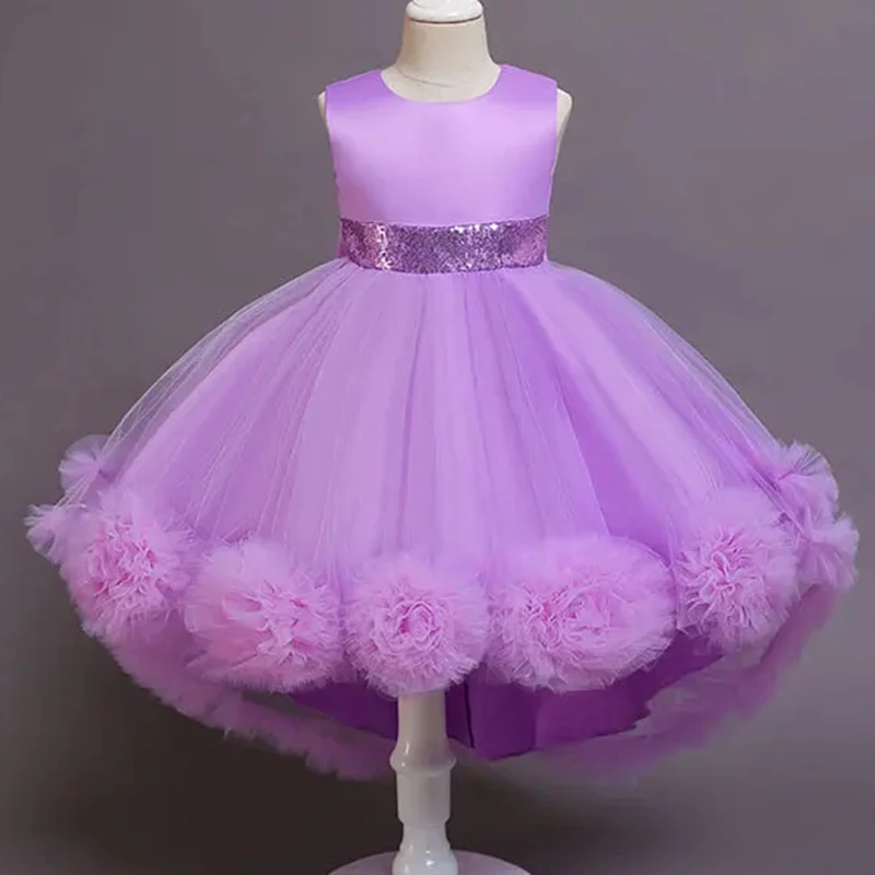 

Kids Ball Gown Flower Girl Tailing Dresses Puffy Satin Bow Girl Princess Long Dresses for Kids Communion Wedding Dresses