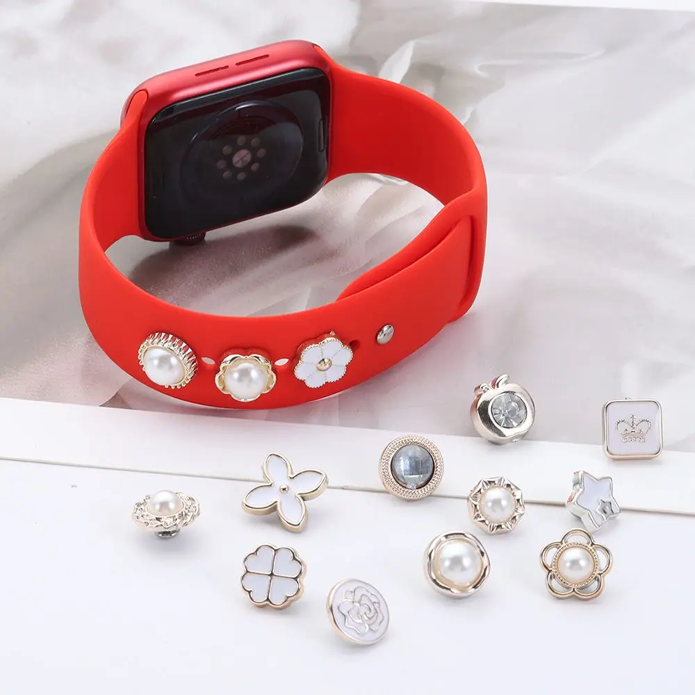 Silicone Strap Metal Decorative Ring Nails For Apple Watch Band Charms Creativity Pearl Flower Rivet Accessories For iwatch