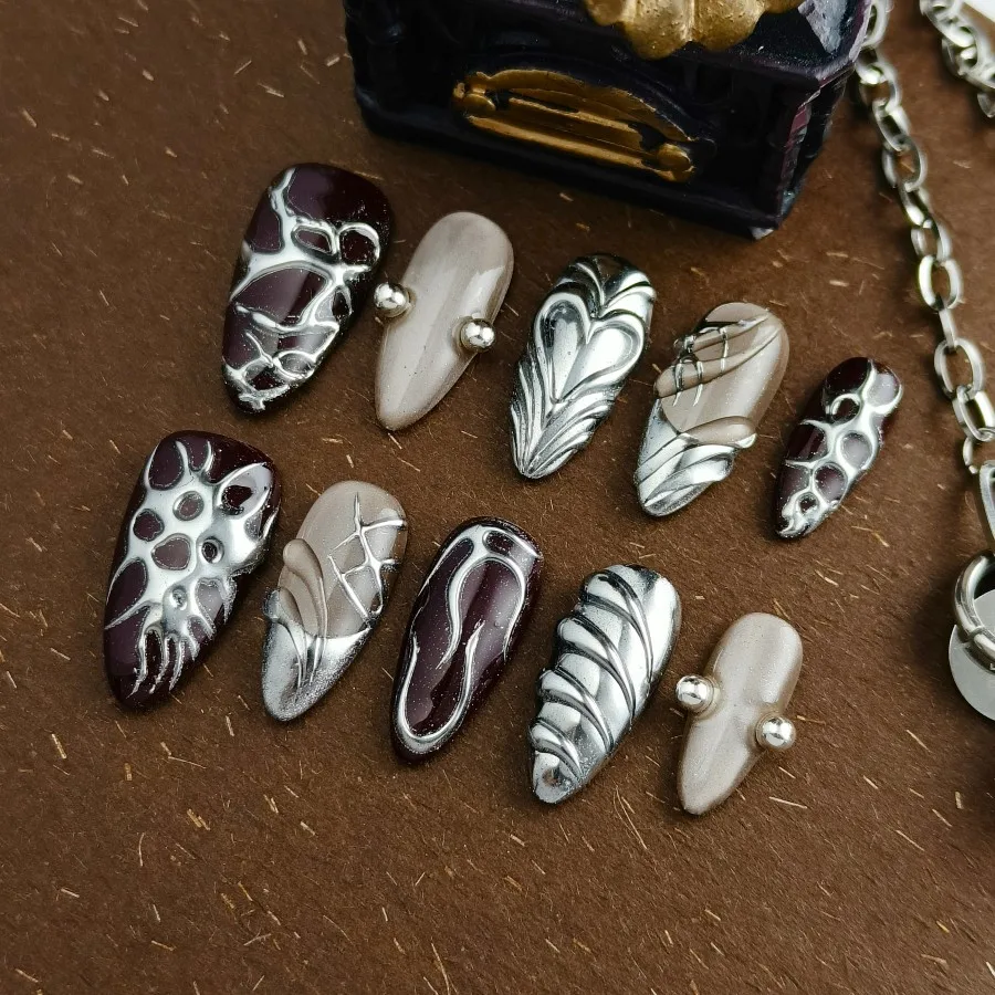 

NEW Handmade Press On Nails, medium almond shaped handmade press style fake nails, metallic silver black artificial nails,