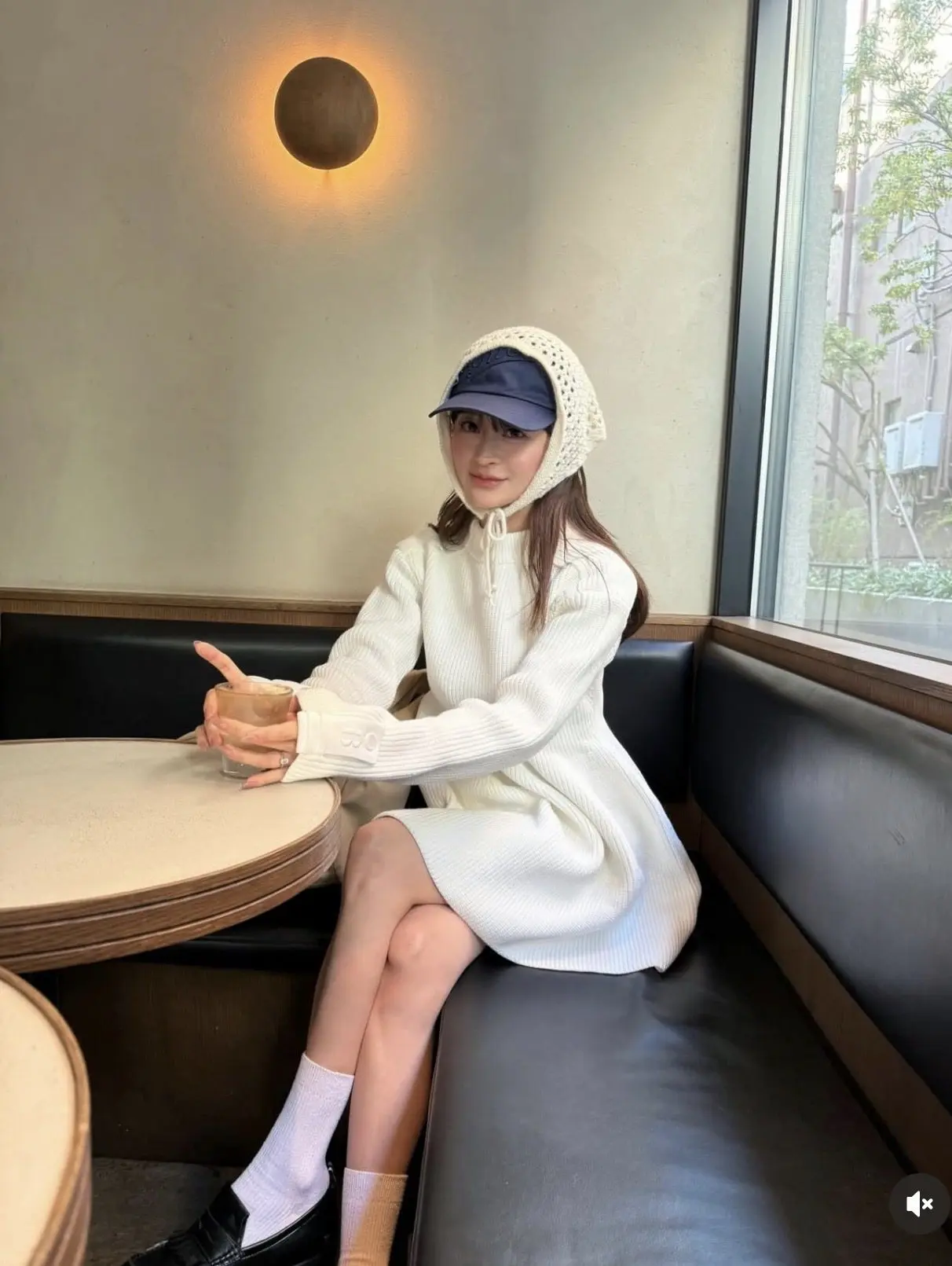 White Coarse Knit Cute Mini Dress Autumn Winter Round Neck Pullover Long Sleeve Knit Dress for Women