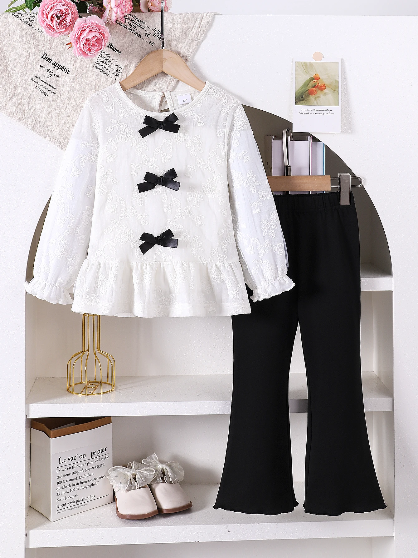 Girls Butterfly Knot Shirt And Bell Bottom Pants Set Casual Spring Autumn Outfit for Kids