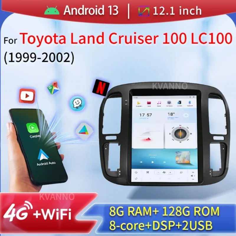 Автомобильный радиоприемник с экраном Tesla для Toyota Land Cruiser 100 LC100 1999-2002 Qualcomm Snapdragon 665 8 ядер Android13 DSP FM GPS-навигация