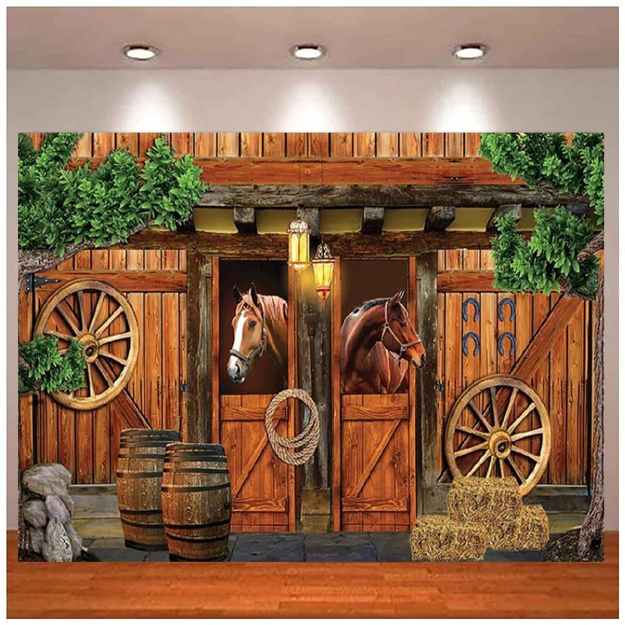 Photography Backdrop Western Cowboy Horse Country Farm Wooden Barn Door Kids Birthday Party Decor Background Portrait Shooting