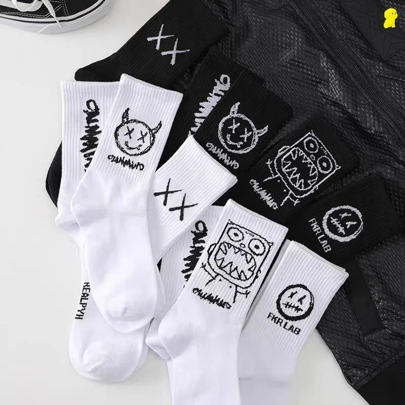 Black White Graffiti Fashion Long Men Women Socks Cotton Simplicity Anime Devil Grimace Harajuku Funny Hip Hop Sox Unisex Socks