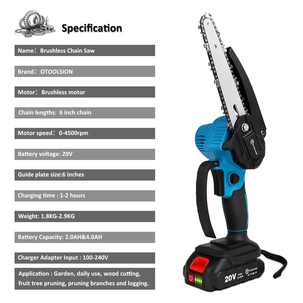 OTOOLSION Serra sem escova sem fio 6 polegadas poderosa 20V portátil sem escova Serra de corrente sem fio para corte de madeira e poda de árvores