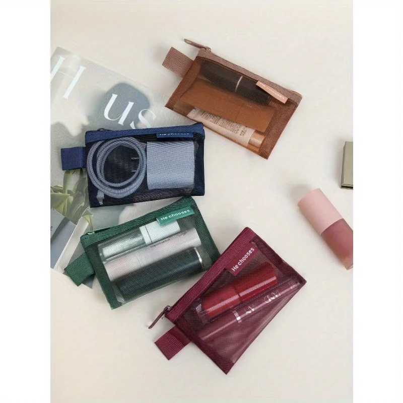 1pc スクエアメッシュポータブル小型収納バッグ、ジッパー付き、化粧品収納バッグ、ポケットを清潔で整頓した状態に保ちます。