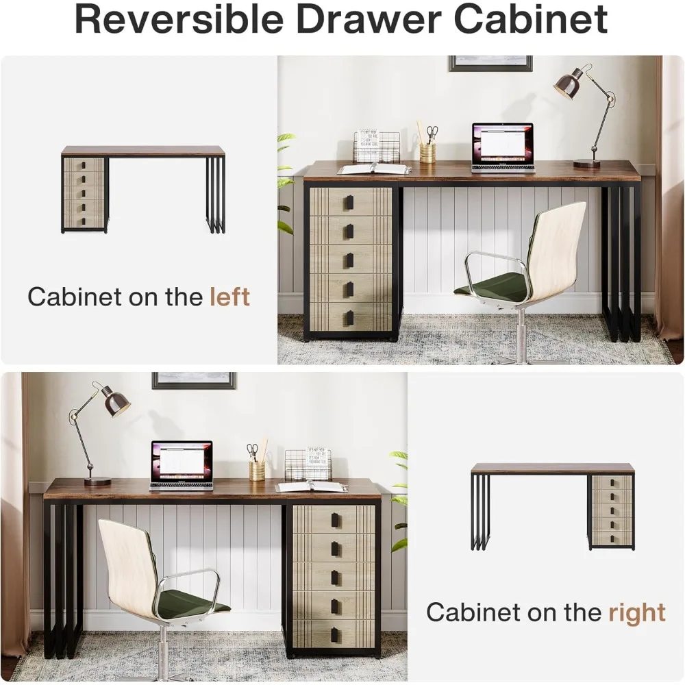 Computer Desk with 5 Drawers, 55-Inch Home Office Desk with Reversible File Drawer Cabinet, Modern Wooden Work Writin