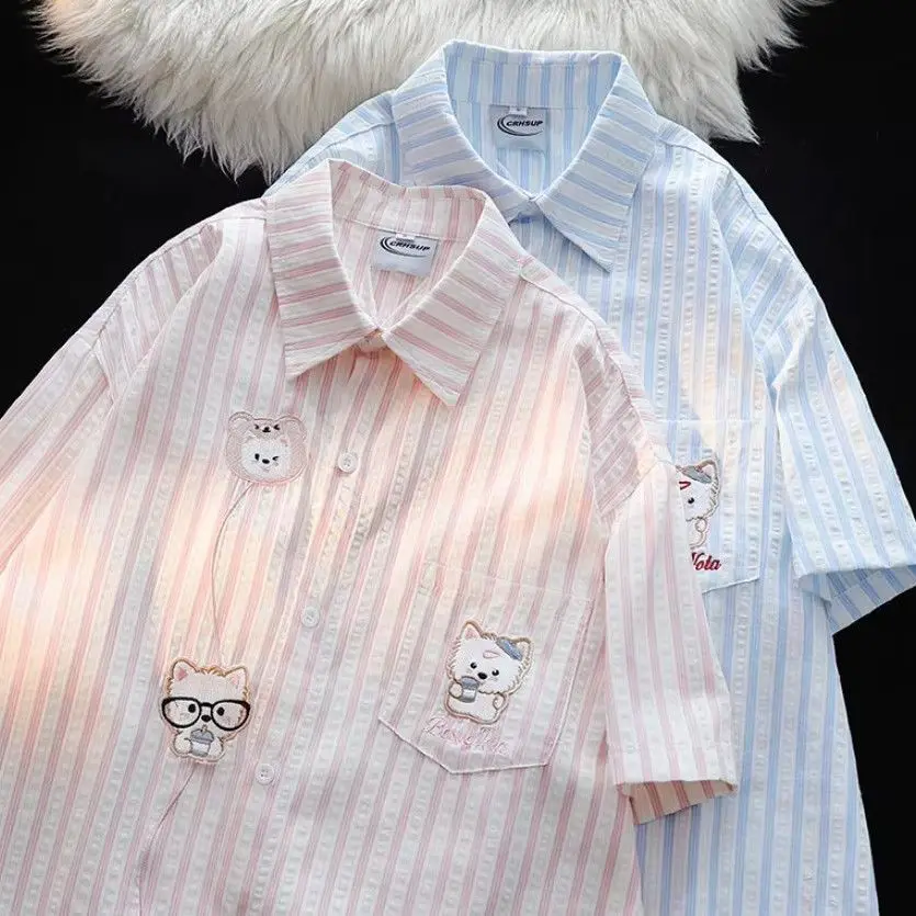 Sweet Women Vertical Striped Oversized Short Sleeve Shirt Cute Puppy Embroidery Pocket Letter Print Loose Button Casual Blouse
