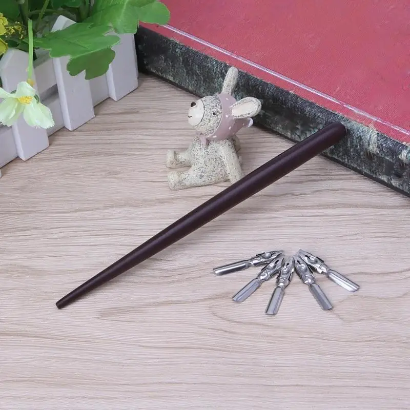 

W89C Wooden Dip Pen Holder with 5 Nibs Handwriting Creation Decoration Supplies