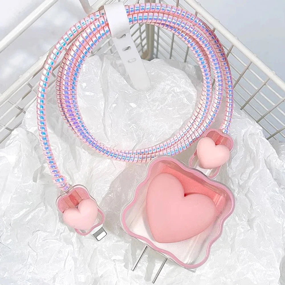 3D Gradient Color Mobile Phone Charger Protective Case Cable Winder Cute Heart Shaped Charger Head Protector for Apple 18/20W