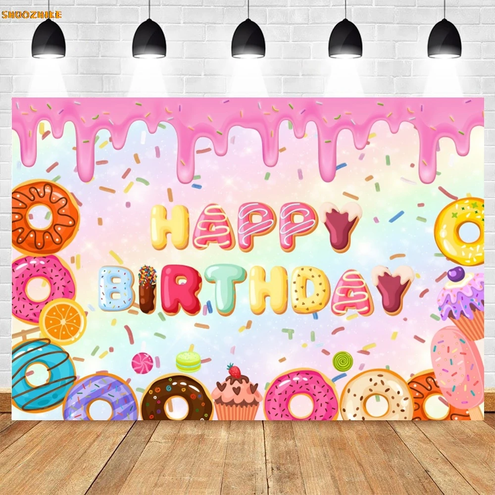 Donuts Birthday Party Backdrop Ice Cream Cupcake Candy Syrup Princess Girls Sweet One Photo Photography Background Decor Banner