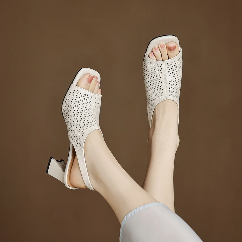 

Women's new summer genuine leather cowhide hollow out breathable open toe thick heel high-heeled fish mouth shoes sandals