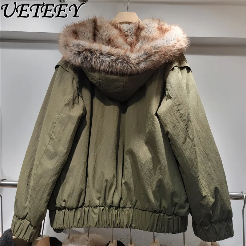 

American Retro Fur Collar Hooded Cotton Jacket Winter new Thickened Warm Design Reversible Fleece Parkas women Fluffy Fur Coat