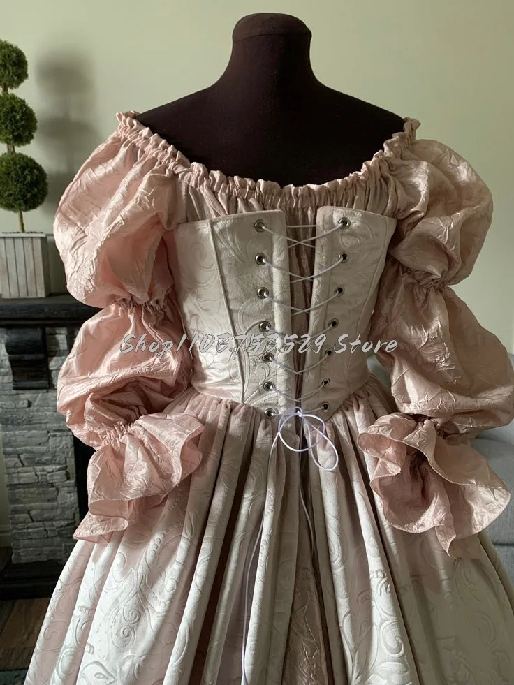 Renaissance European Rococo Light Pink Prom Dress Exquisite Velvet Corset Romantic Victorian Lace Up Masquerade Halloween Dress