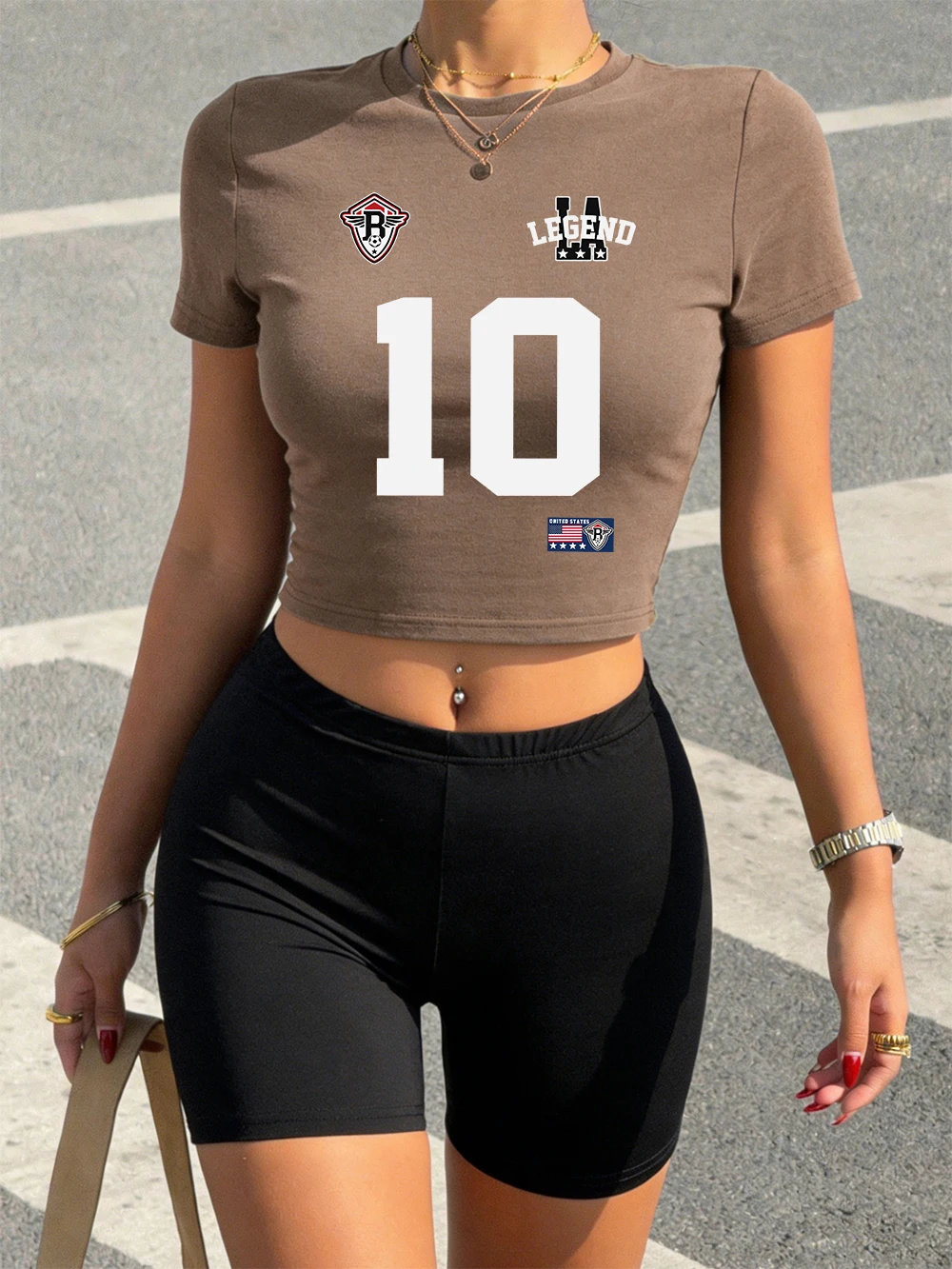 

Summer Number 10 Legend Large Prints Crop T-Shirts Shorts Woman Two Pieces Set Tops Pants Slim O-Neck High Elastic Soft Clothes