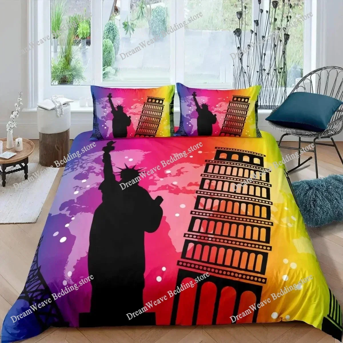 Statue of Liberty Duvet Cover Hip Hop Full Size Peace Sign Love Heart Bedding Set American Eyes Colorful Polyester Quilt Cover96
