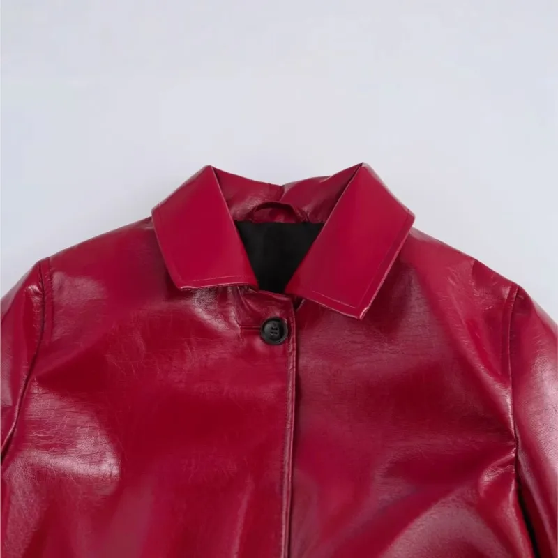 

Осень 2024, новый женский красный блестящий кожаный пиджак с длинными рукавами и лацканами, стильная и модная верхняя одежда для весеннего рабочего костюма
