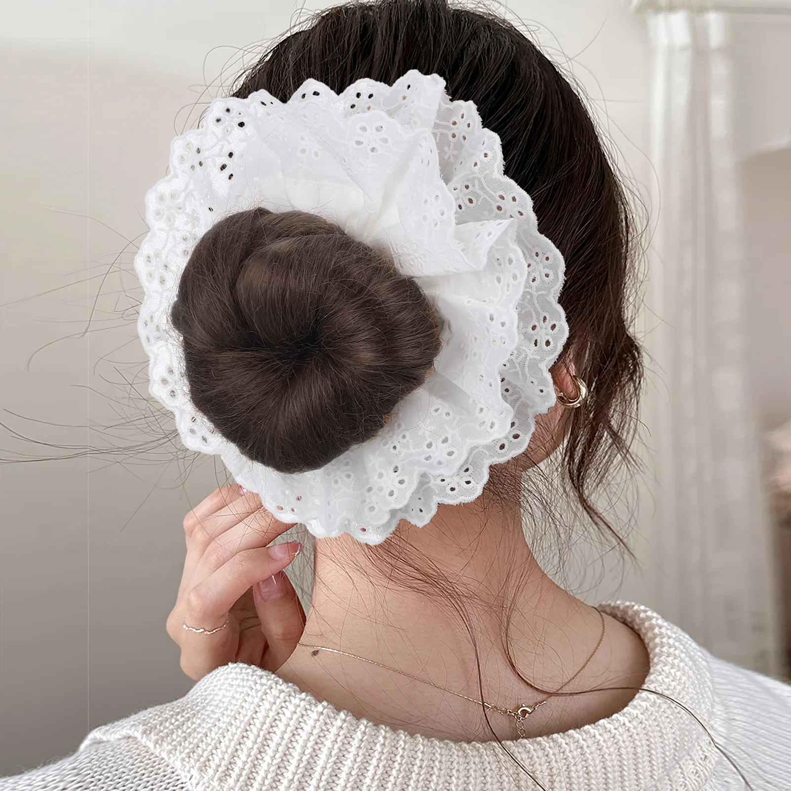 

Double Layer Lace Hair Scrunchies 18cm Black White Women Girls Hair Ties Elastic Ponytail Holders Accessories Practical