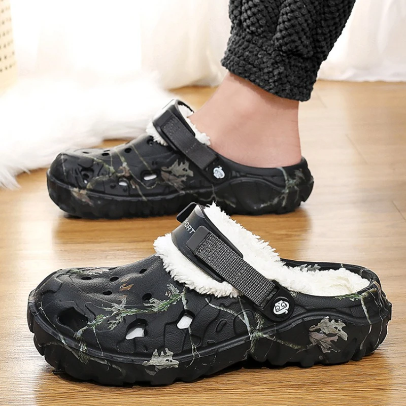 

Зимние садовые сабо, мужские домашние уличные теплые тапочки, мягкие плюшевые сандалии на меху, мужская лаконичная домашняя хлопковая обувь, уличные пушистые шлепанцы