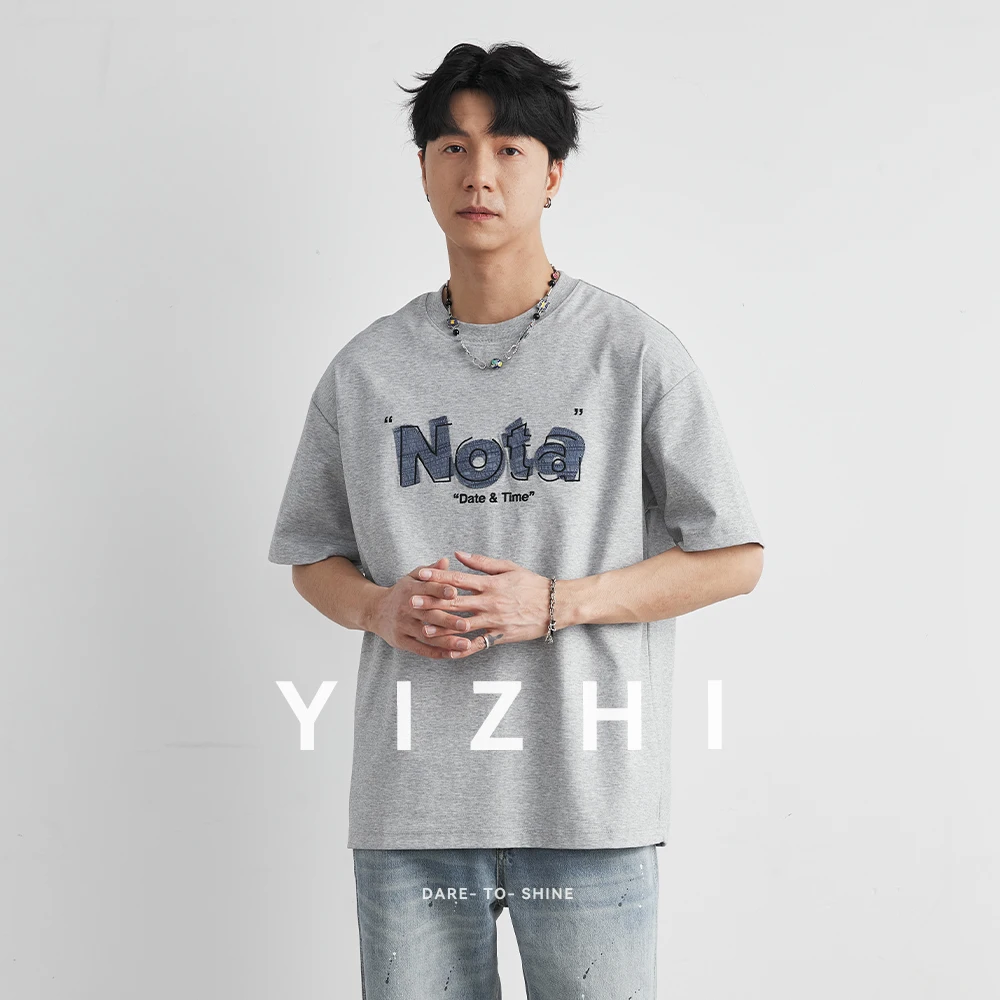 

Men's Heavyweight 220g Cotton Crew Neck Short Sleeve T-Shirt 2026 Summer New Loose Denim Patch Nota Letter Print Top
