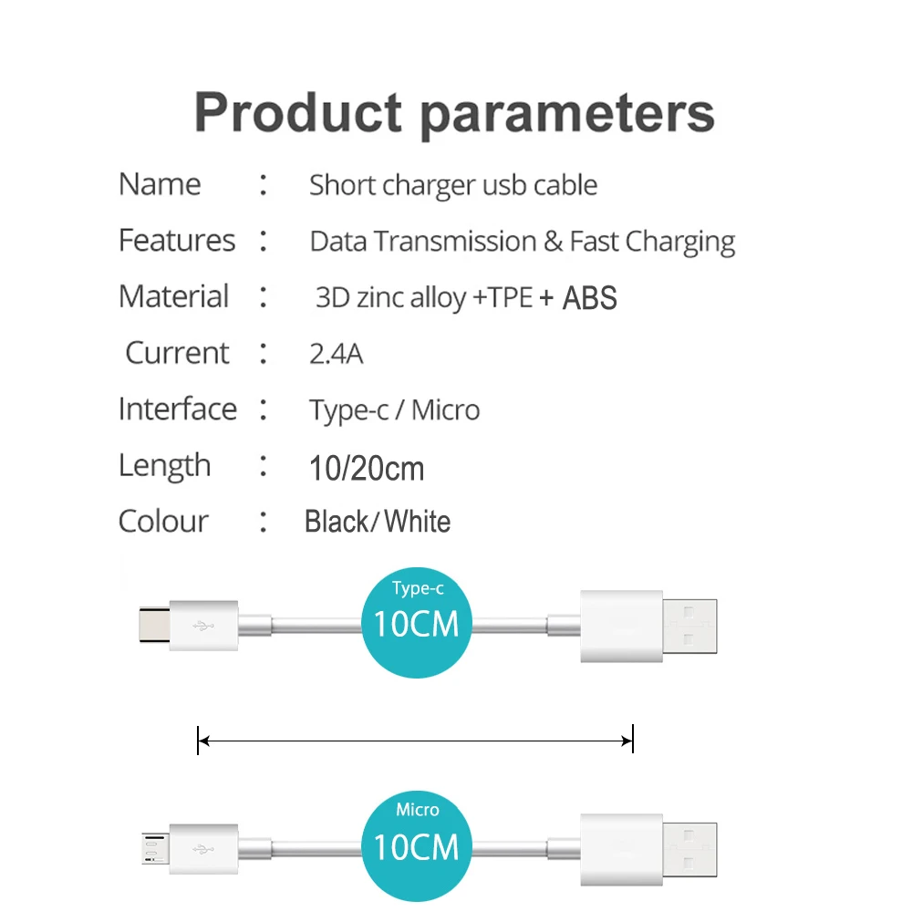 20/10cm Ultra krótki kabel USB typu C 3A męski przewód USB A do męskiego typu C do szybkiego ładowania Samsung Huawei Xiaomi