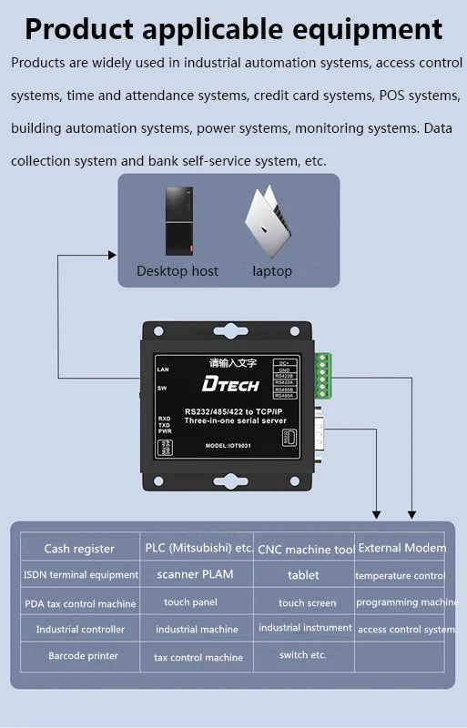DTECH Internet of Things RS232 RS485 to TCP/IP Ethernet converter, modbus gateway  serial device server, support POE