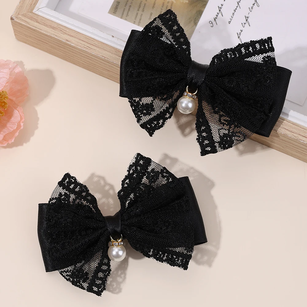 

2Pcs Flower Lace Bow Hair Clips Elegant Sweet Pearl Pendant Mesh Hairpins For Girls Children Ponytail Headwear Accessories