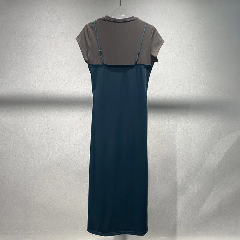 NOVEDAD DE VERANO 2025, retales de encaje, camiseta con cintura receptora, falda falsa, dos vestidos informales de manga corta