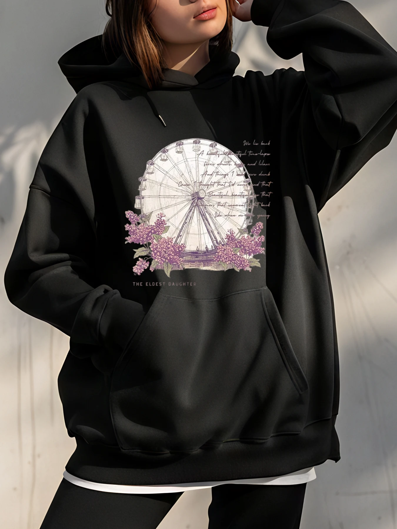 

Женская толстовка с капюшоном, колесо обозрения, лавандовый цветочный принт, повседневная уличная толстовка, модный наряд для девочек и женщин