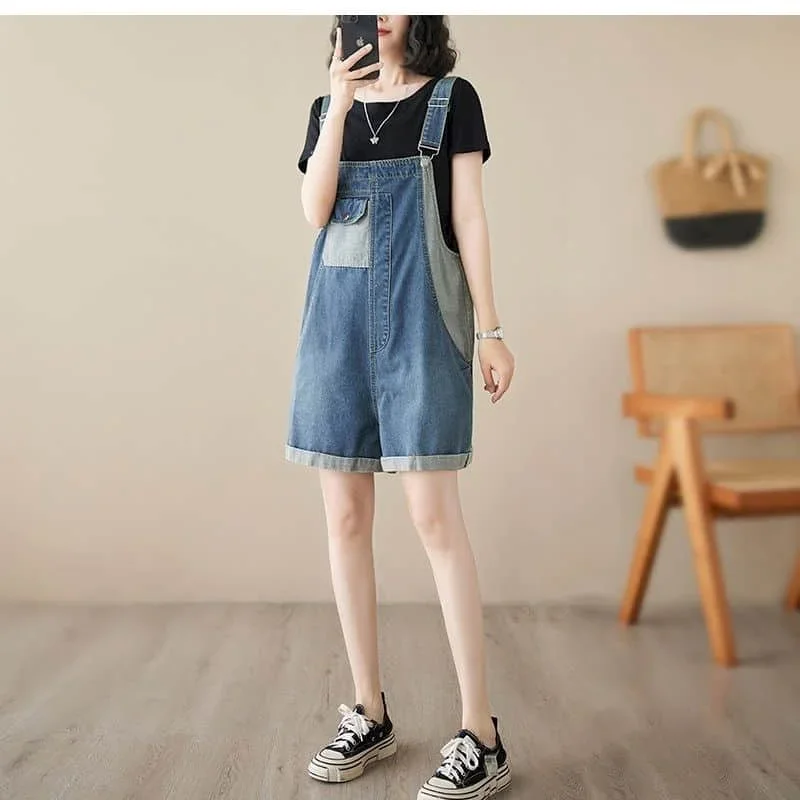 Celana Kodok Denim Vintage Korea Fashion Baju Monyet Patchwork Longgar Lebar Kaki Celana Pendek Kasual Baju One Piece Pakaian Pakaian Wanita