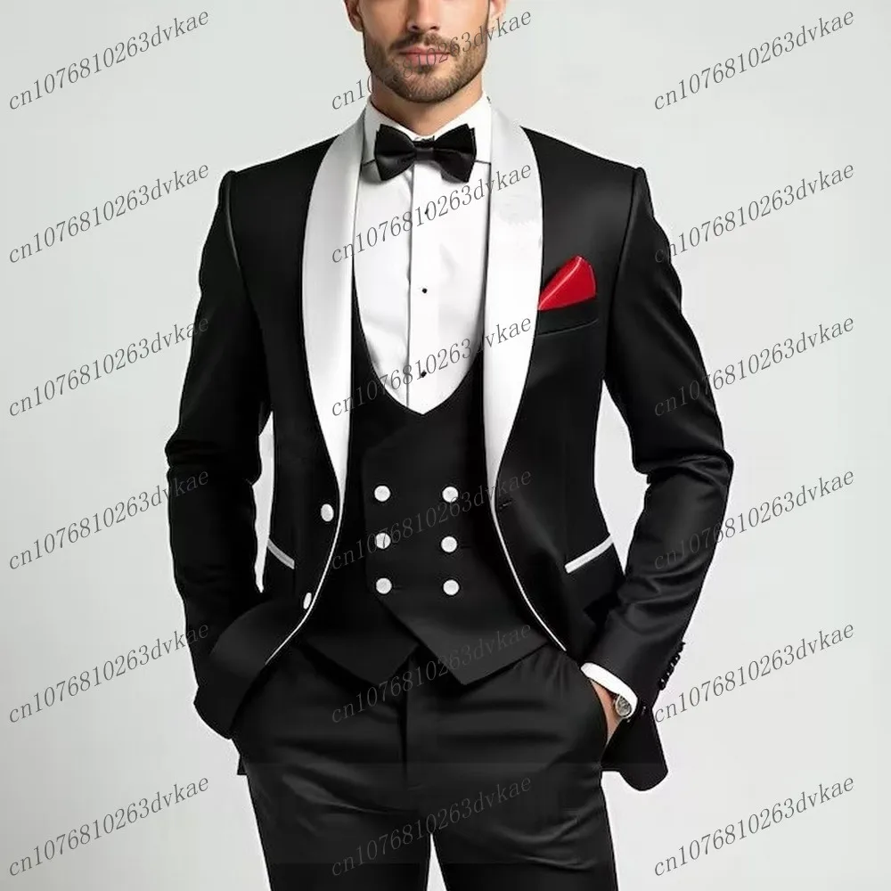 

Черный мужской костюм с белым воротником, свадебная вечеринка, формальный жених, жених, выпускной, деловой мужской смокинг, комплект из 3 предметов, куртка, жилет, брюки