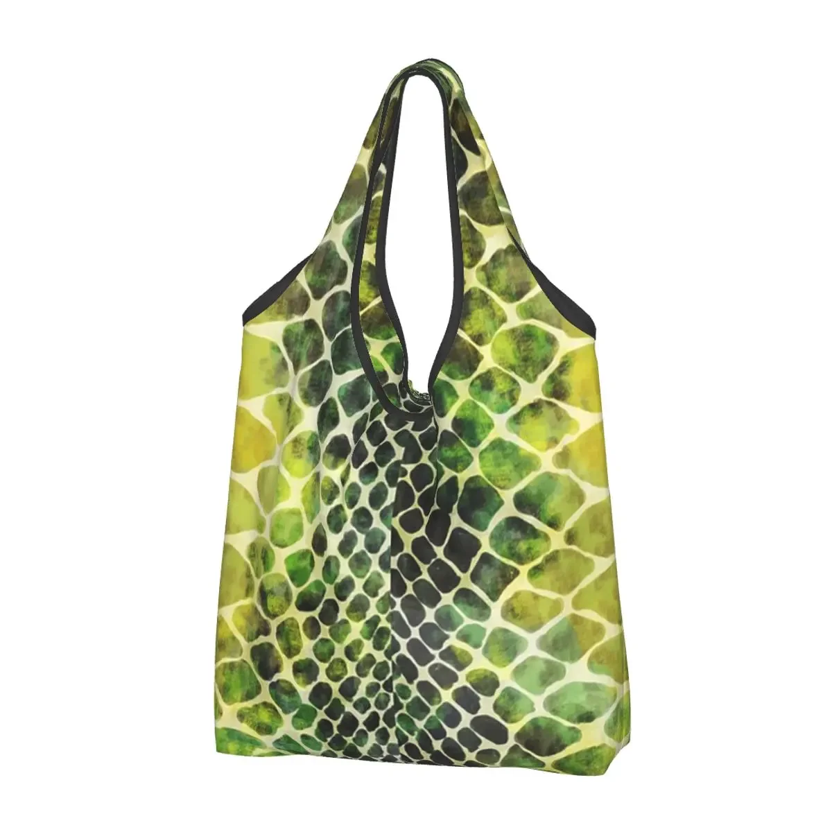 

Black Green Snake Skin Pattern Texture Portable Tote Shopping Bags Large Capacity Shopper Bag Grocery Handbag Shoulder Bag