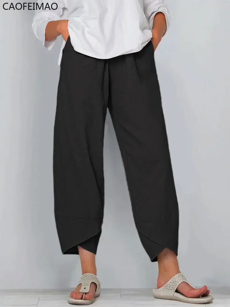Casual Cotton Linen Wide Leg Pants Women Loose Comfort Elastic Waist Harem Pants Vintage Solid Summer Cropped Pants Trousers