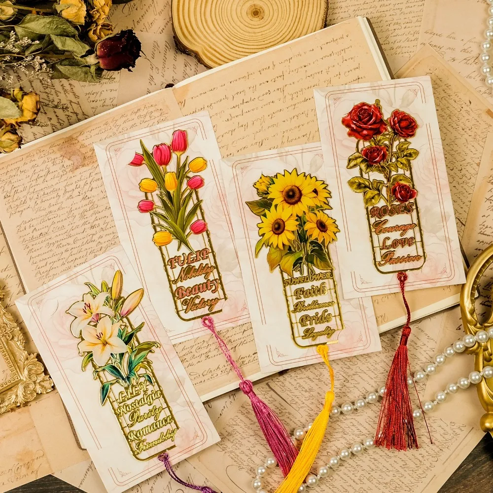 

Exquisite Flower Bookmark Rose Hollow Metal Bookmark Lily Sunflower Tassel Bookmark